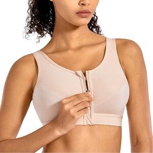 SYROKAN Beige Nude High Impact Sports Bra Front Zip Closure 38C